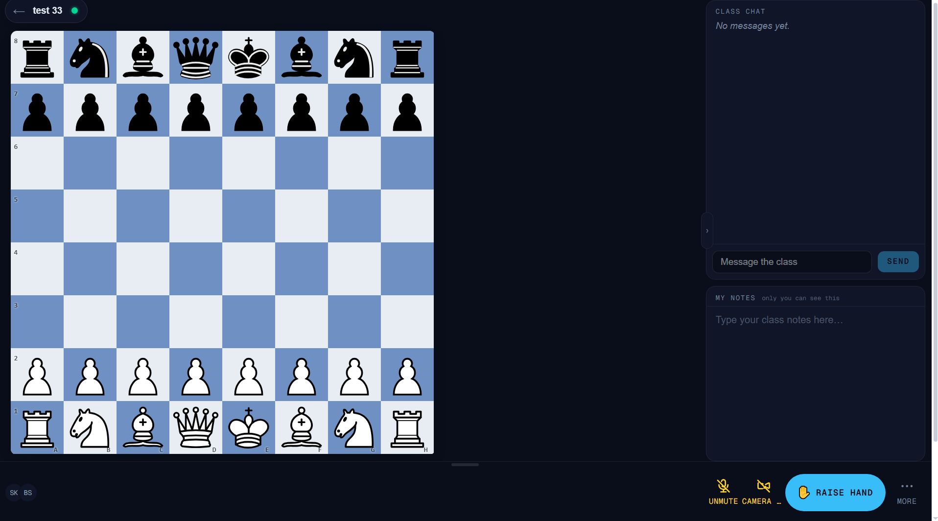 Empower Chess live classroom — dark board theme