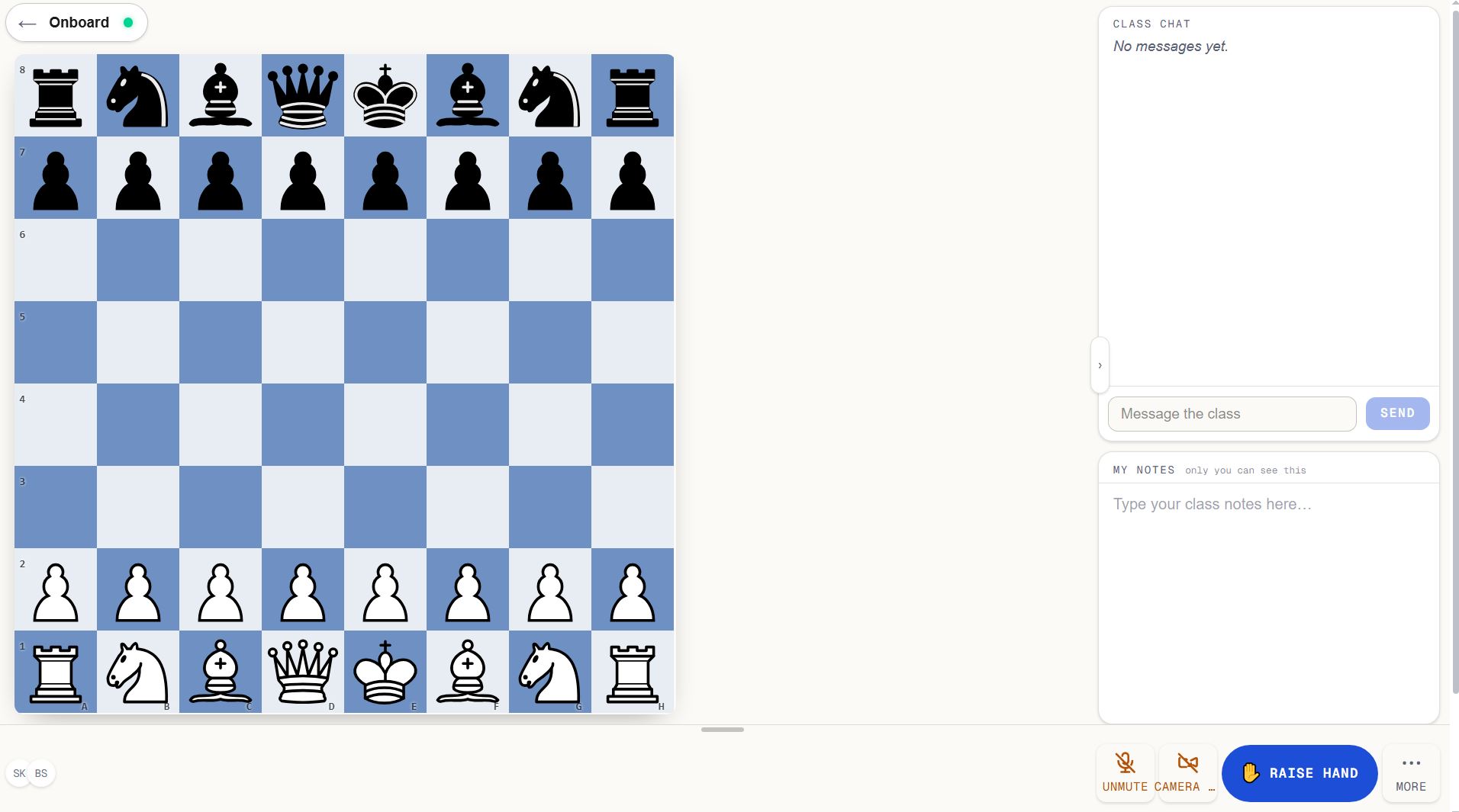 Empower Chess live classroom — light board theme